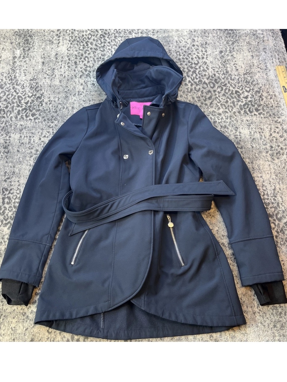 Betsey Johnson Womens Navy Blue Softshell Hooded Trench Coat Jacket Sz XS